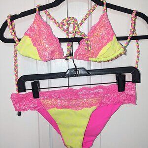 Vintage Beach Bunny lace yellow and pink two piece bikini size S/L